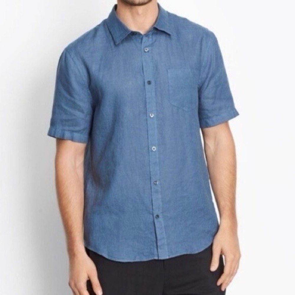 Vince‎ Men's Linen Short Sleeve Button Up Shirt Blue Casual Summer Size L